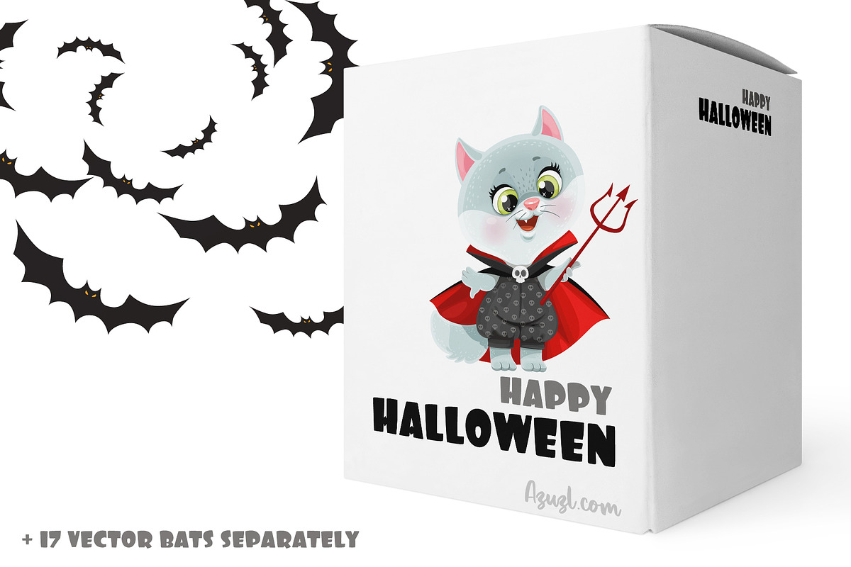 Cartoon kitten in Halloween costume, an Animal Illustration by Azuzlikus (Photo 2 of 4)