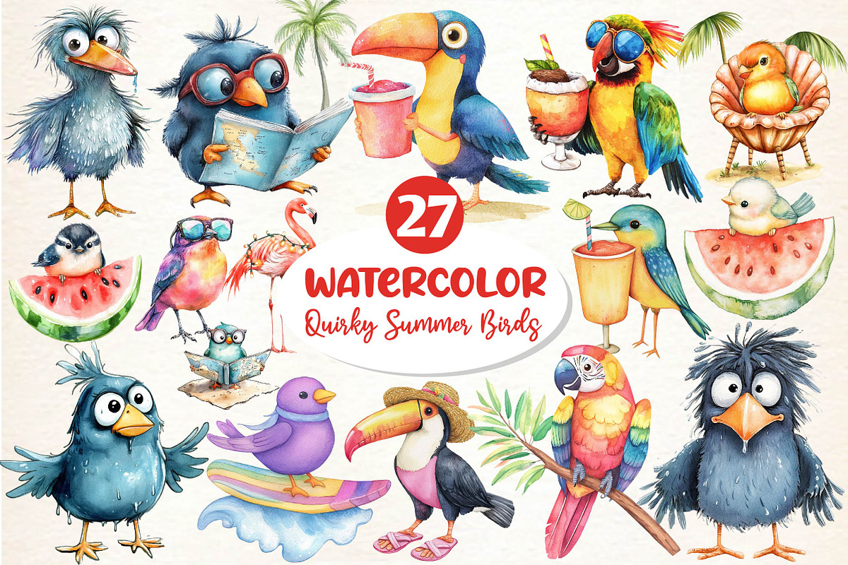 Quirky Whimsical Summer Bird Clipart, an Illustration by Dream Creation (Photo 1 of 6)