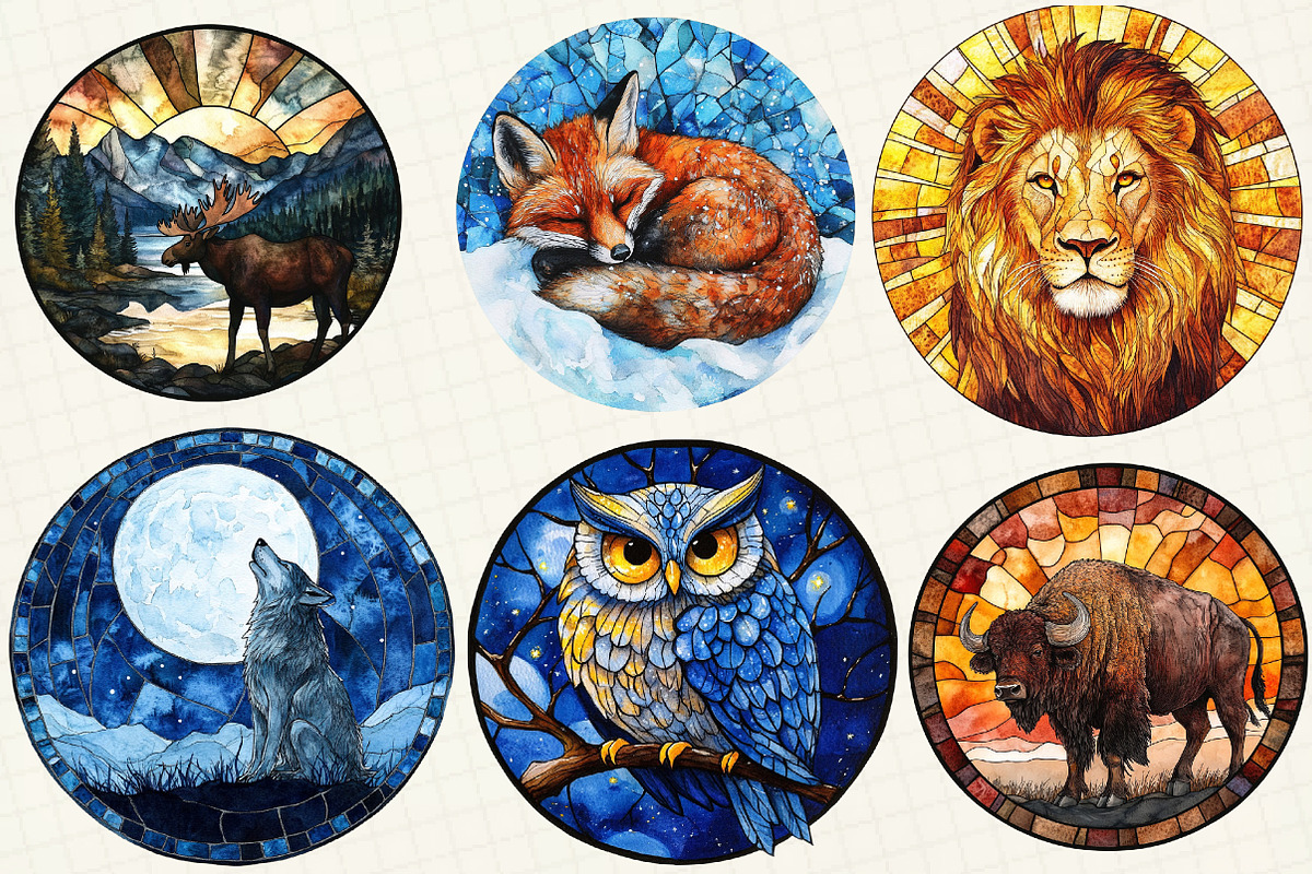 Wild Animals Round Stained Glass, an Illustration by OK Design (Photo 5 of 5)