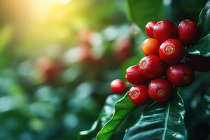 Bright red coffee cherries await har, a Photo by Tanuart