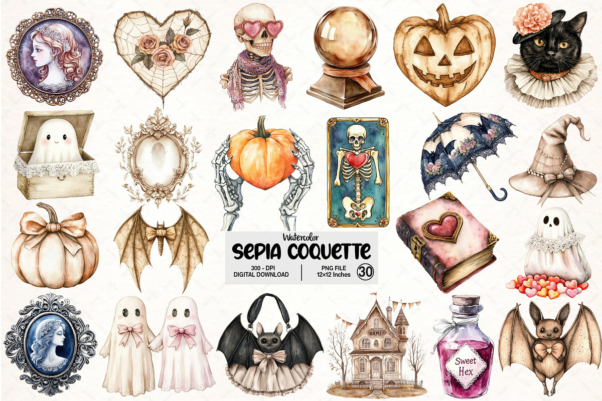 Sepia Coquette Halloween Clipart, an Illustration by Pixels.Craft (Photo 1 of 6)