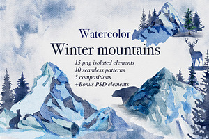 Watercolor winter mountains