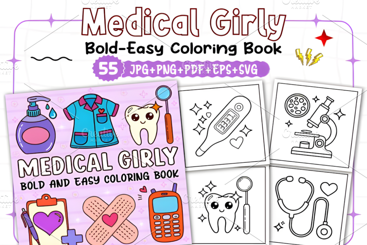 Bold Easy Medical Girly Coloring Pag, a Decorative Illustration by Ink Gallery (Photo 1 of 4)