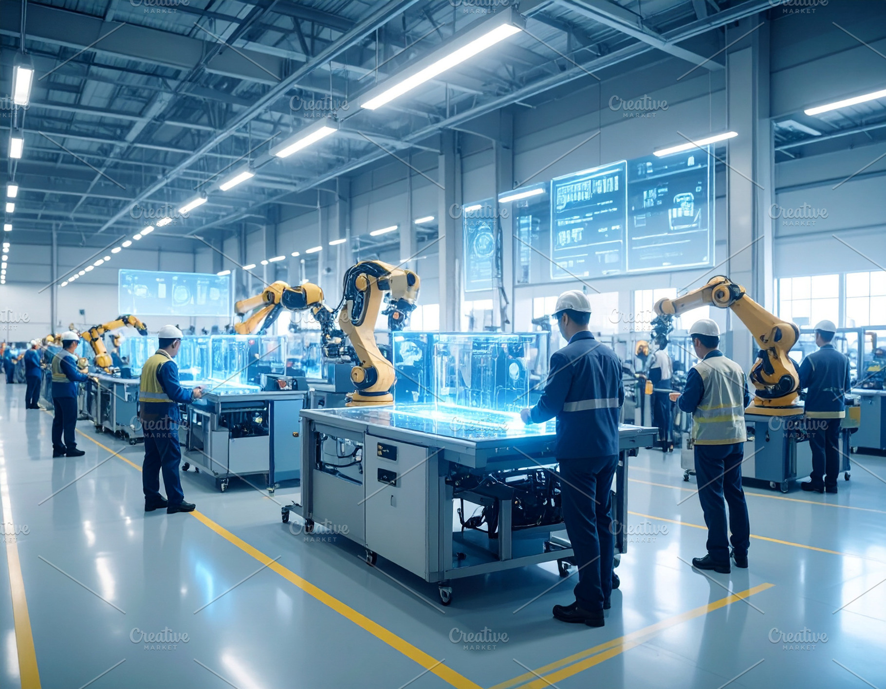 Industrial floor where robotic arms work alongside humans, an Industrial Photo by DanFLCreativo