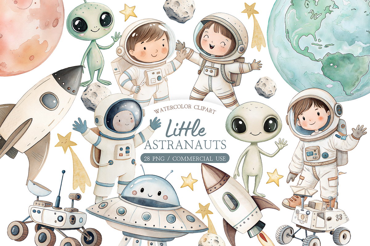 Little Astronauts Watercolor Set, an Illustration by MockupWizard (Photo 1 of 5)