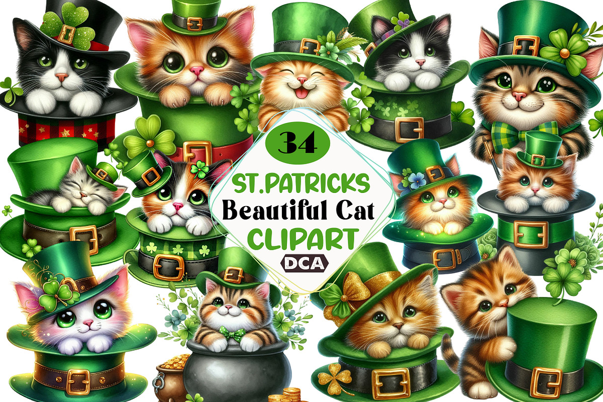 St Patrick's Day Cat Peeking out Hat, an Illustration by DreamCafeArt (Photo 1 of 4)