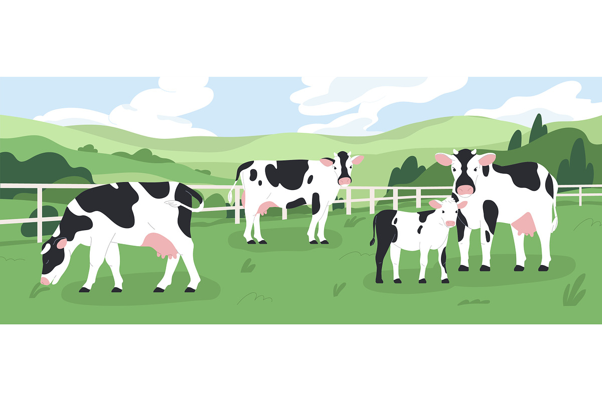 Milk cows grazing on grass pasture, an Animal Illustration by Good Studio