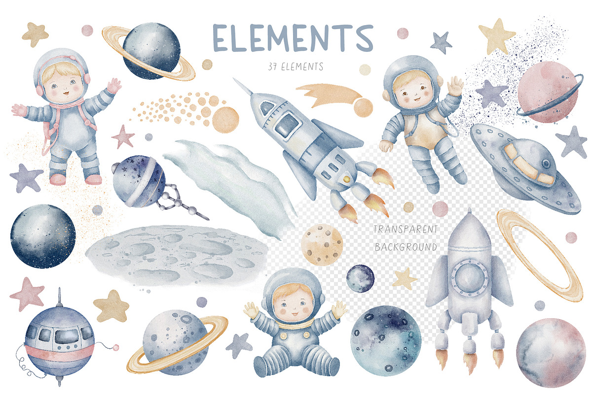 Watercolor Space Pastel Clipart Set, an Illustration by Alisles (Photo 2 of 12)