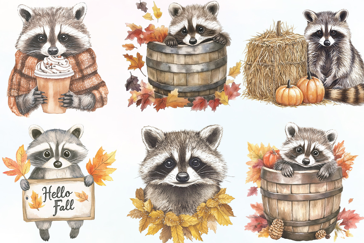 Watercolor Autumn Raccoon Clipart, an Illustration by CraftArtStudio (Photo 2 of 6)