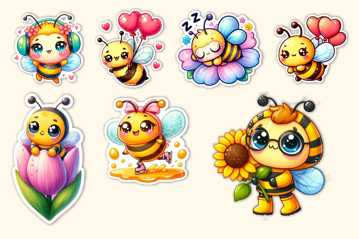 Kawaii Cute Bee Stickers Bundle, an Illustration by Dream Creation (Photo 5 of 5)