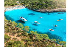 Aerial view. Yachts anchored in