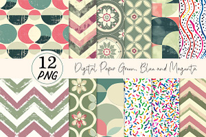 Digital Paper Green, Blue and Magent, a Texture Illustration by DreamPrint404