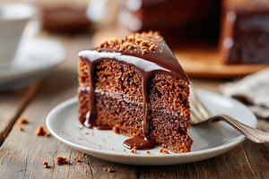 Delicious chocolate cake slice on a white plate with a fork in a cozy setting, a Food & Drink Photo by AlyaAnd