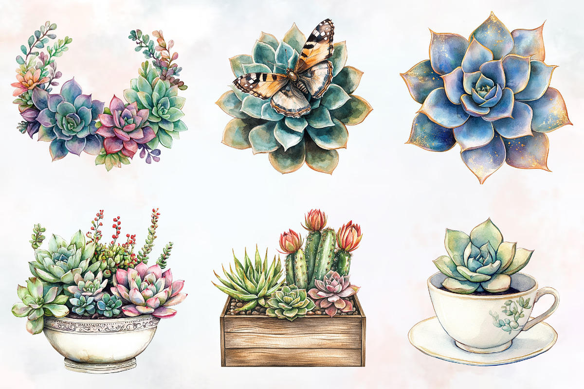 Succulent Watercolor Cliparts, an Illustration by RobertsArt (Photo 3 of 7)