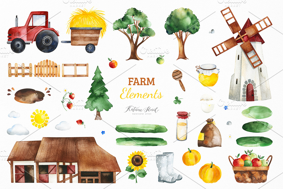 Watercolor Farm Collection., an Animal Illustration by Kate_Rina (Photo 4 of 9)