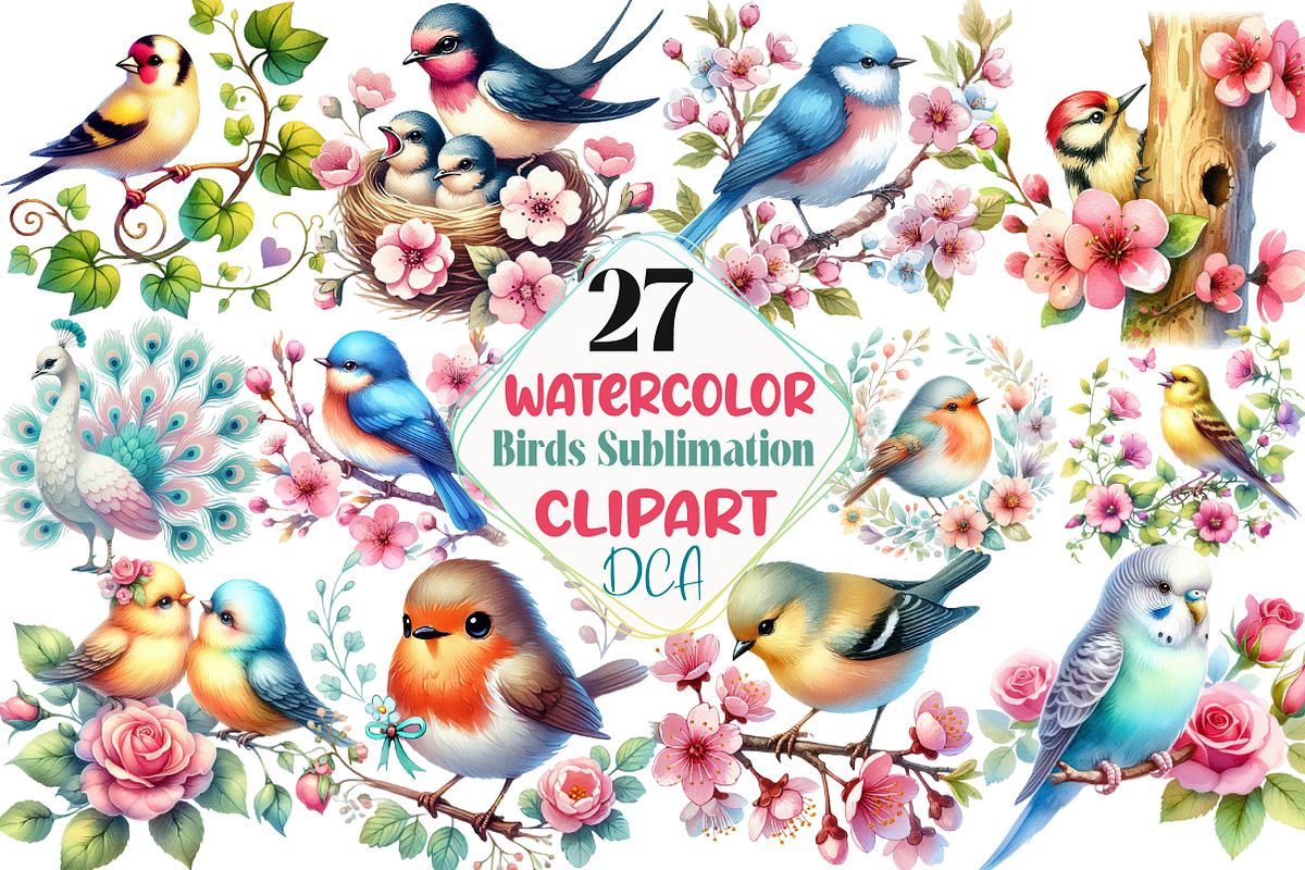 Spring Birds Sublimation Clipart, an Illustration by DreamCafeArt (Photo 1 of 5)