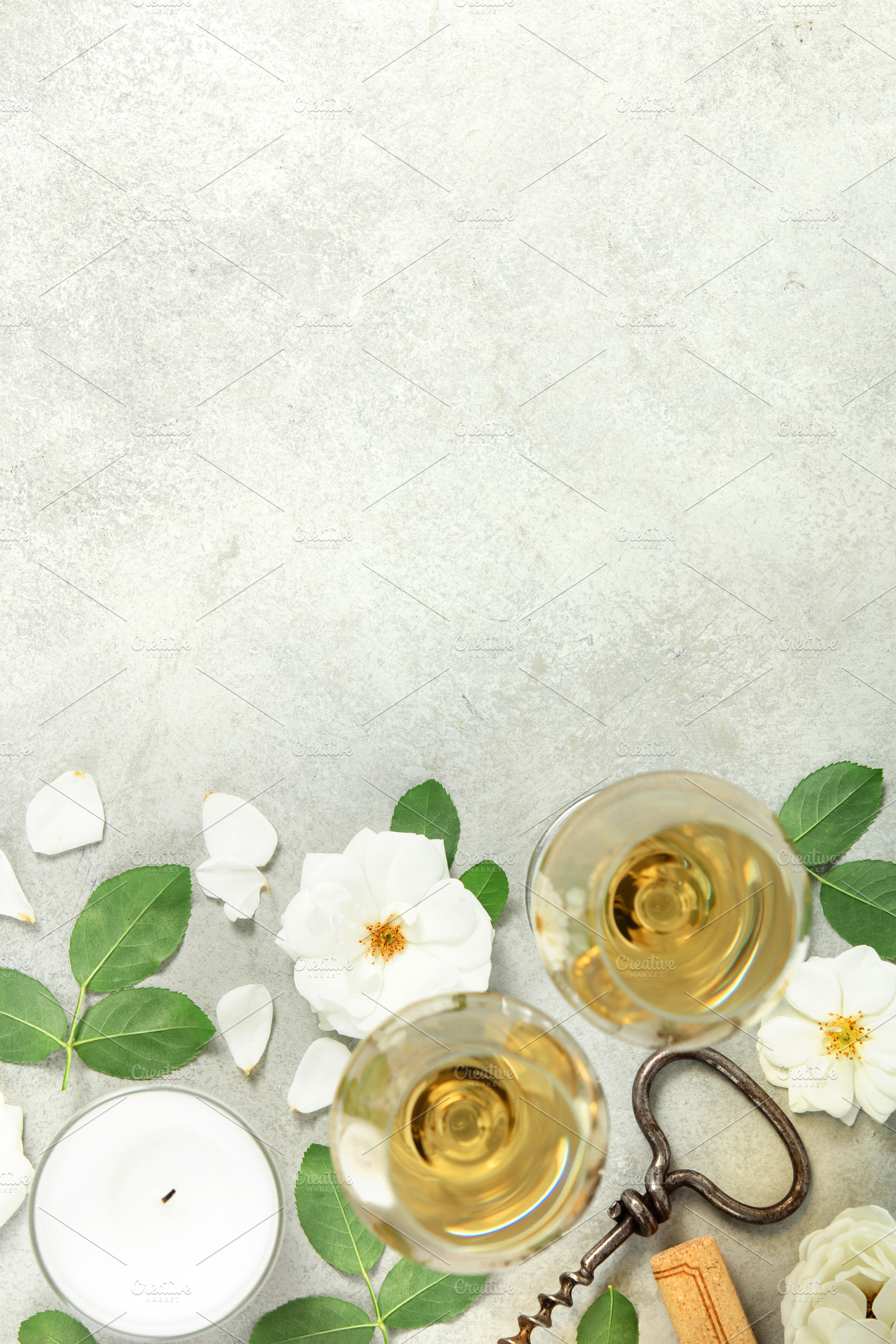 Wine Tasting Flat Lay with Roses, Petals, and Corkscrew, a Beauty & Fashion Photo by Natalia Klenova's Shop