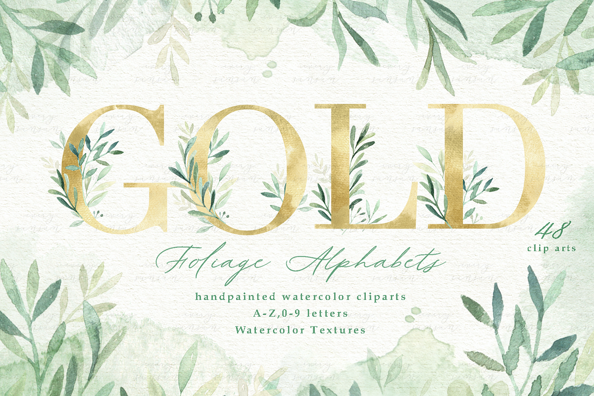 Gold & Green Leaves Alphabets, a Decorative Illustration by everysunsun