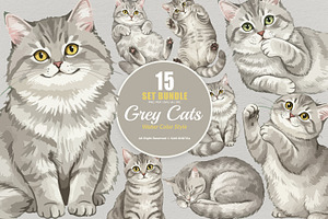 15 Bundle Watercolor Grey Cats Pet