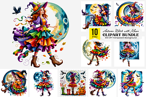 10 Colorful Autumn Witch PNG with Mo, an Illustration by Clipart Bloom