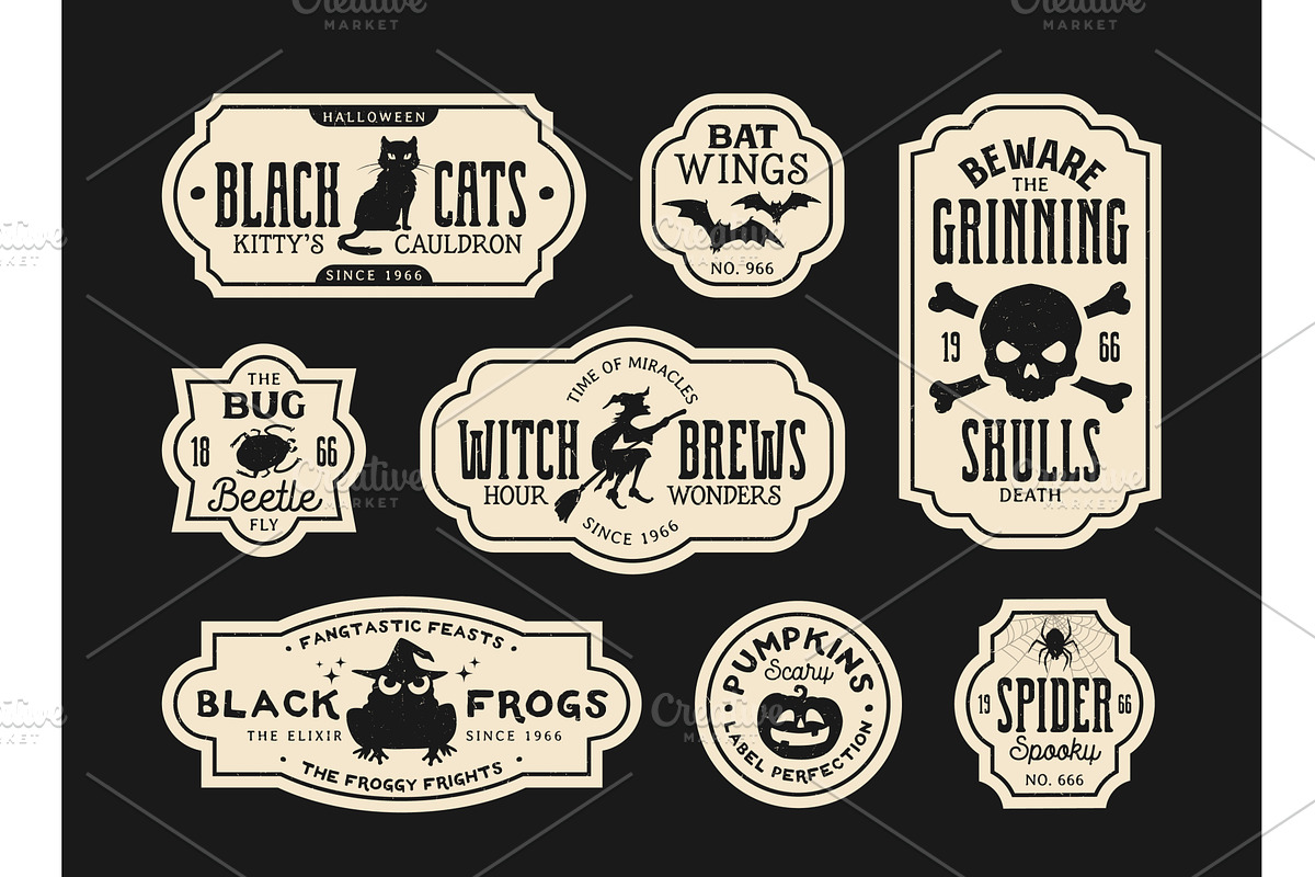 Halloween potion bottle labels, an Illustration by Vector Tradition
