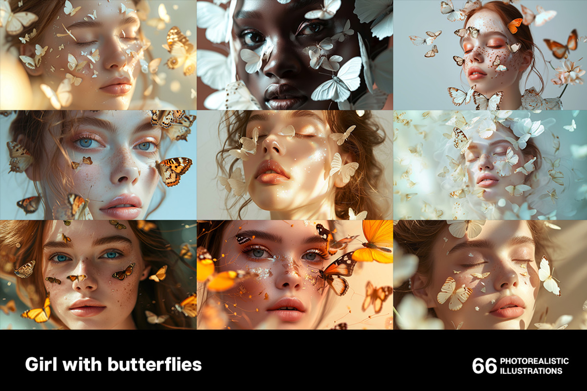 Girl with butterflies. 66 images, a Person Illustration by Handmadefont (Photo 2 of 14)