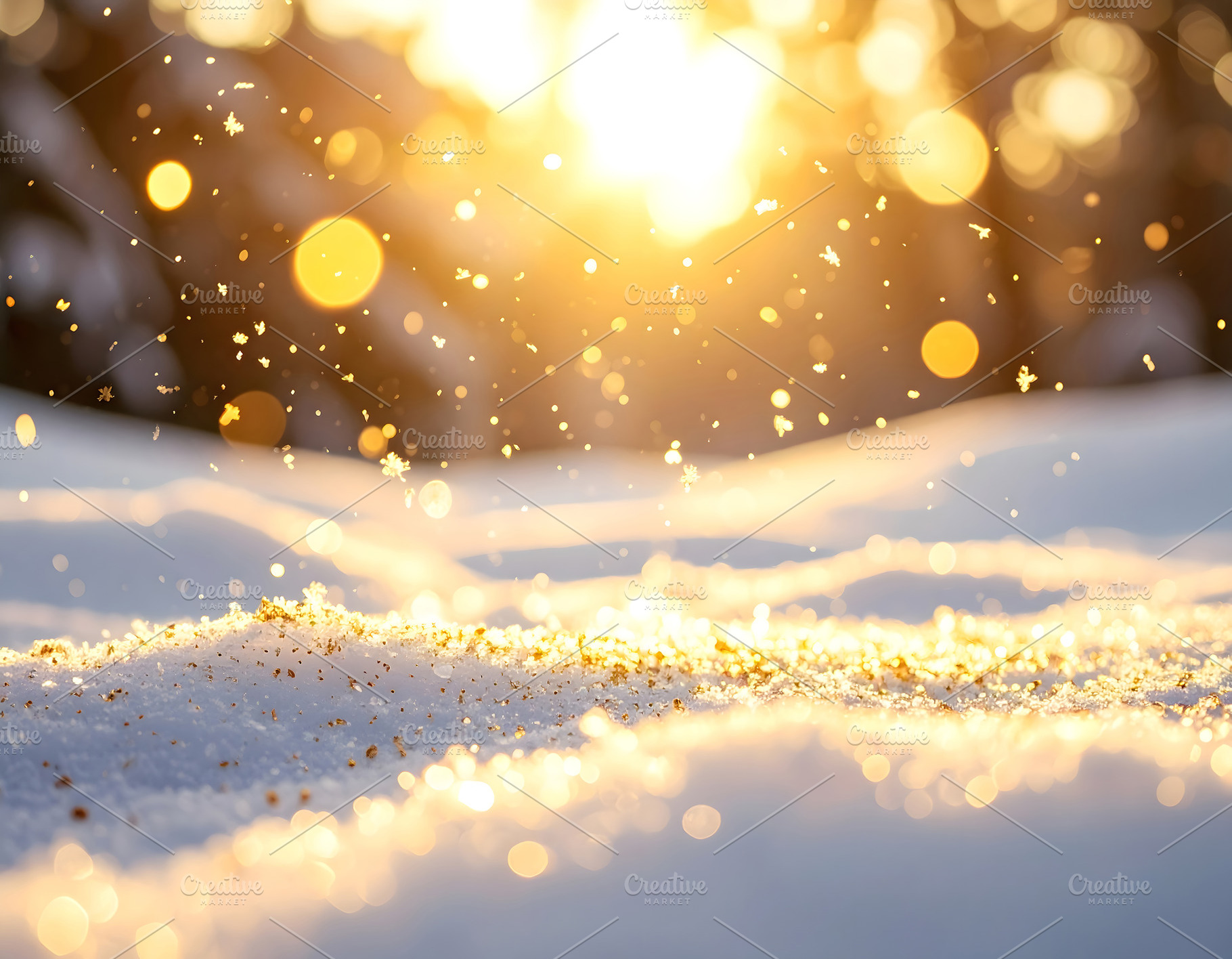 Golden sparkles shining above snow in warm sunlight, a Holiday Photo by GoodGoods