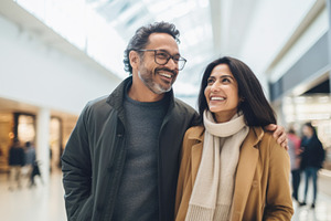 Smiling middle aged couple walking in shopping mall holding shop, a Photo by Dvoevnore photos