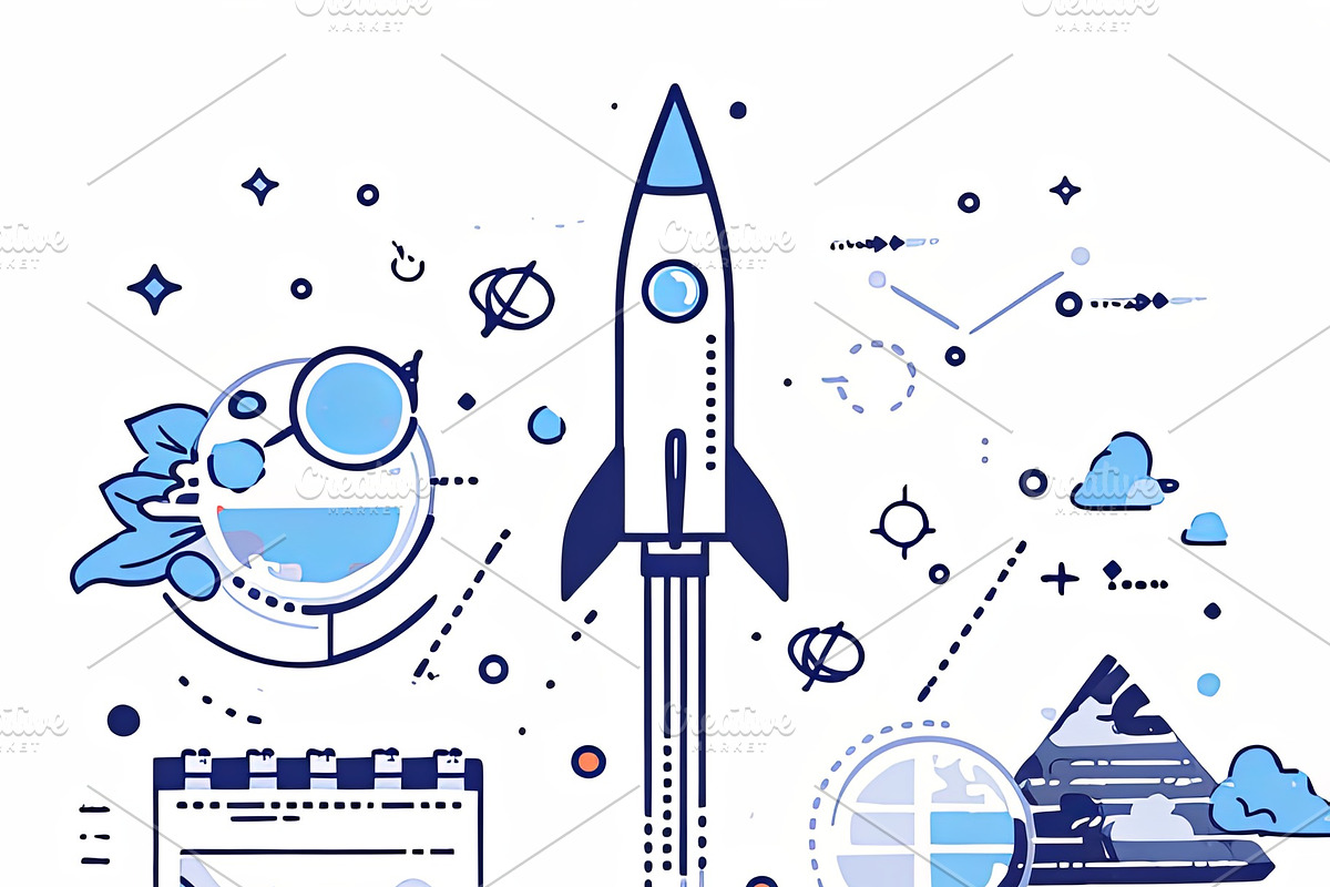 Digital marketing concept with rocket, laptop, and statistical data symbols, an Illustration by AS photostudio