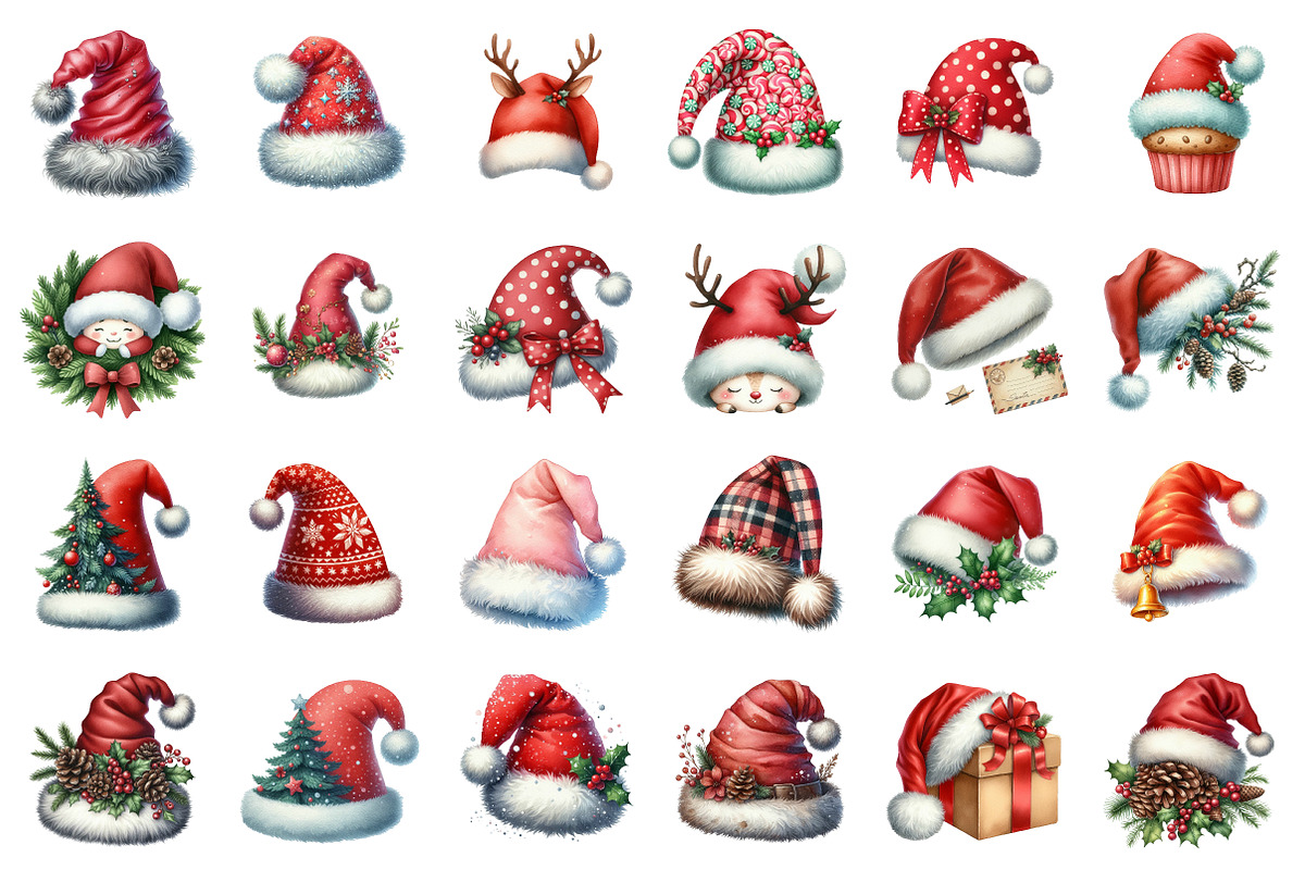 Watercolor Santa Hat Clipart Bundle, an Illustration by SinaCreation (Photo 2 of 7)