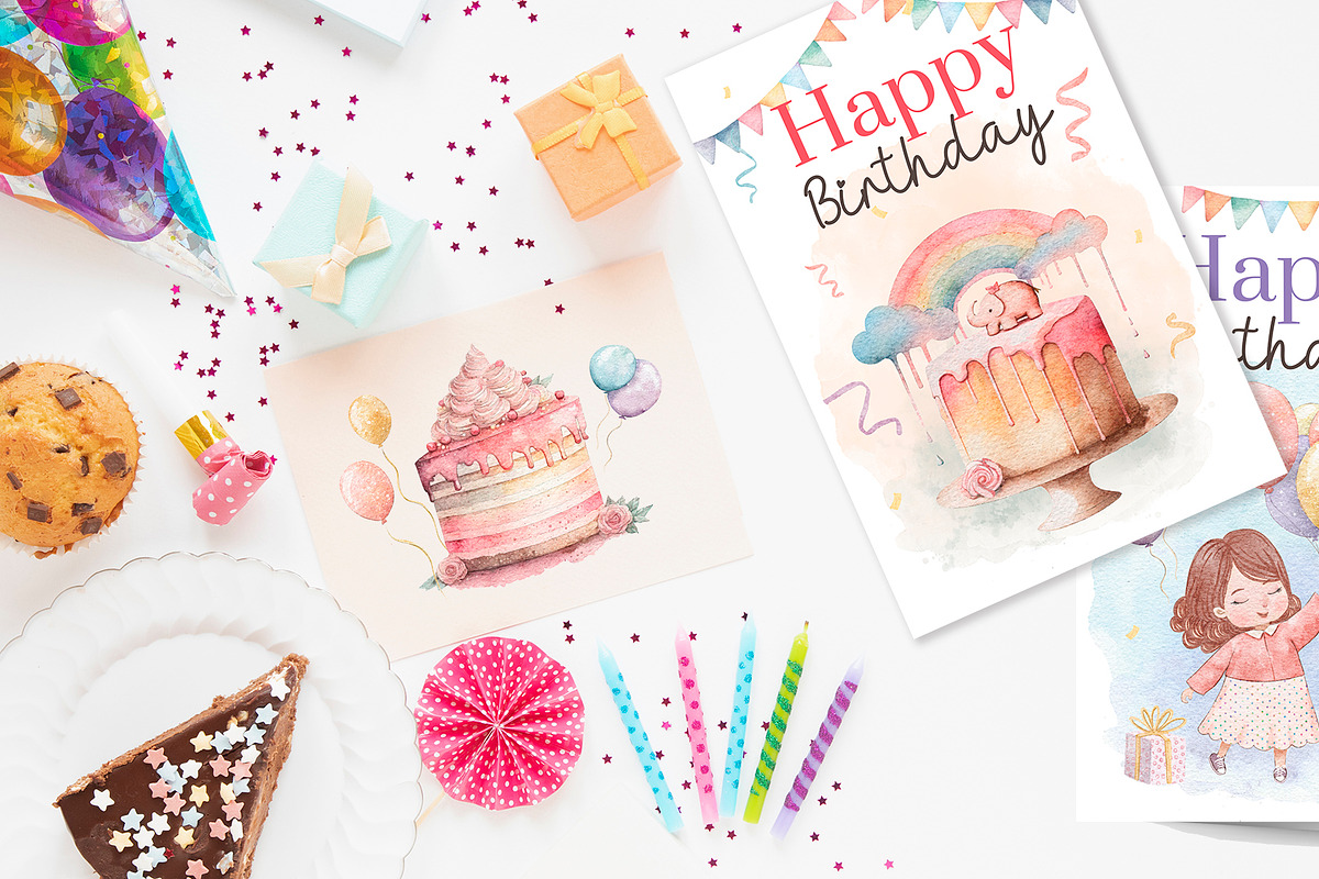 Happy Birthday watercolor collection, a Decorative Illustration by AlineArtStore (Photo 6 of 13)