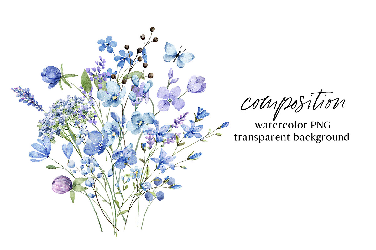 Blue flowers watercolor PNG clipart., a Decorative Illustration by Larisa Maslova (Photo 3 of 9)