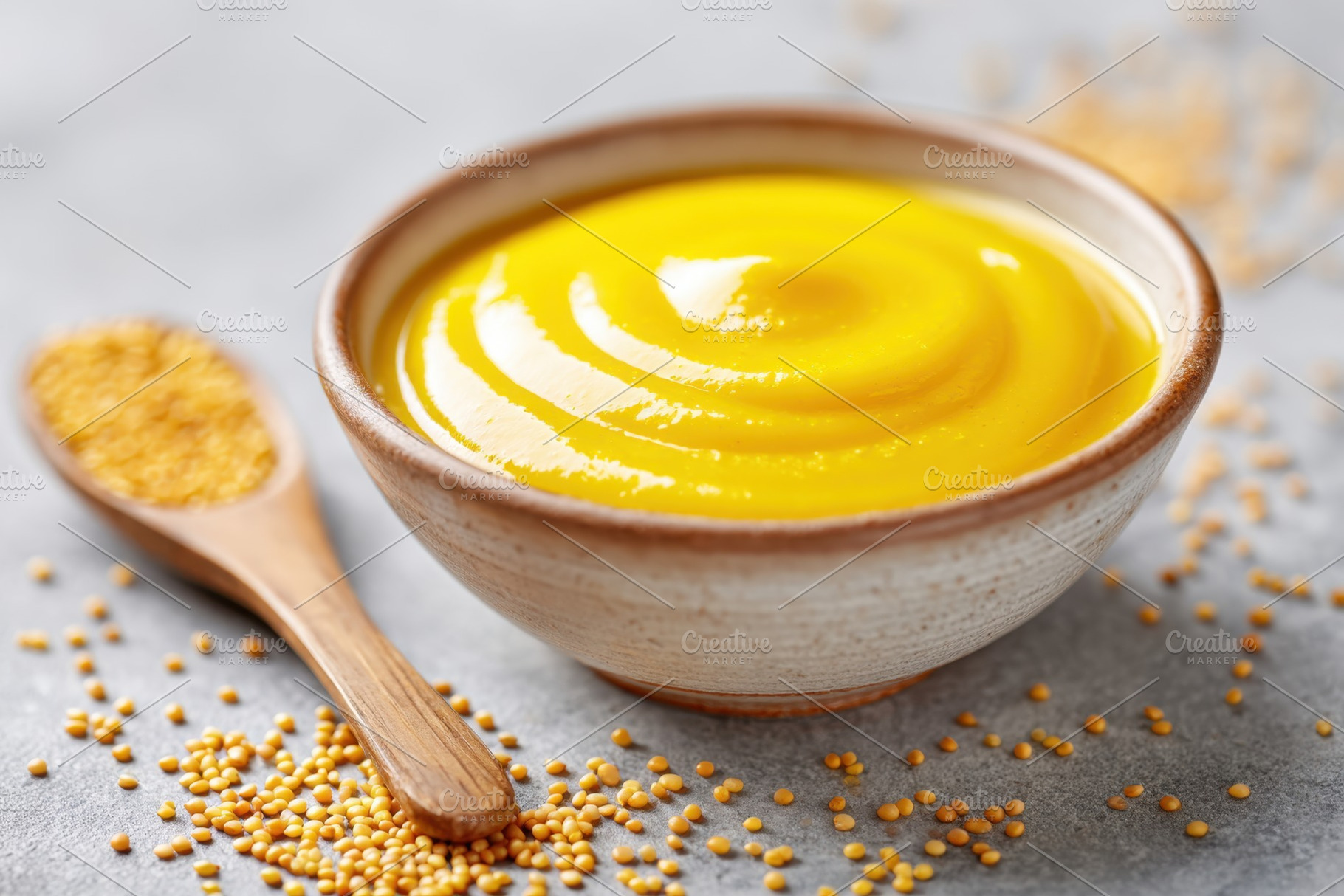 Bowl of smooth yellow mustard, a Food & Drink Photo by AlyaAnd