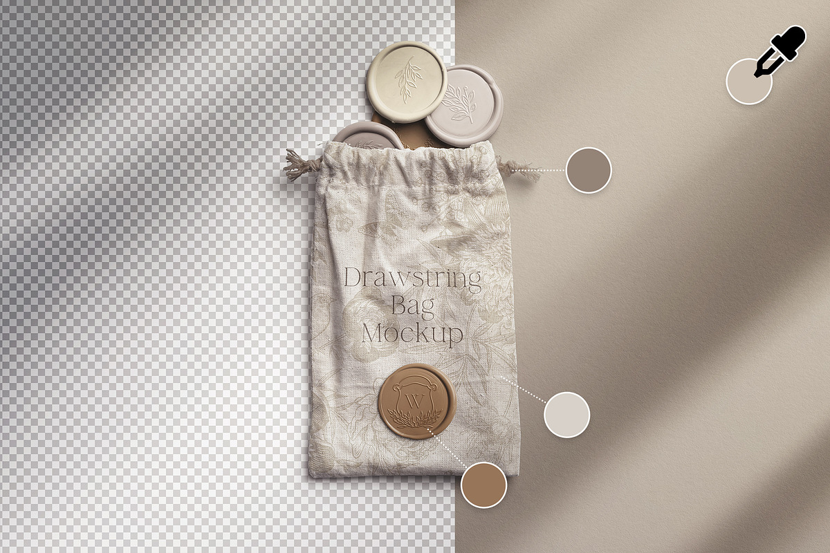 Drawstring Bag with Wax Seals Mockup, an Advertising Mockup by Custom Scene (Photo 5 of 11)
