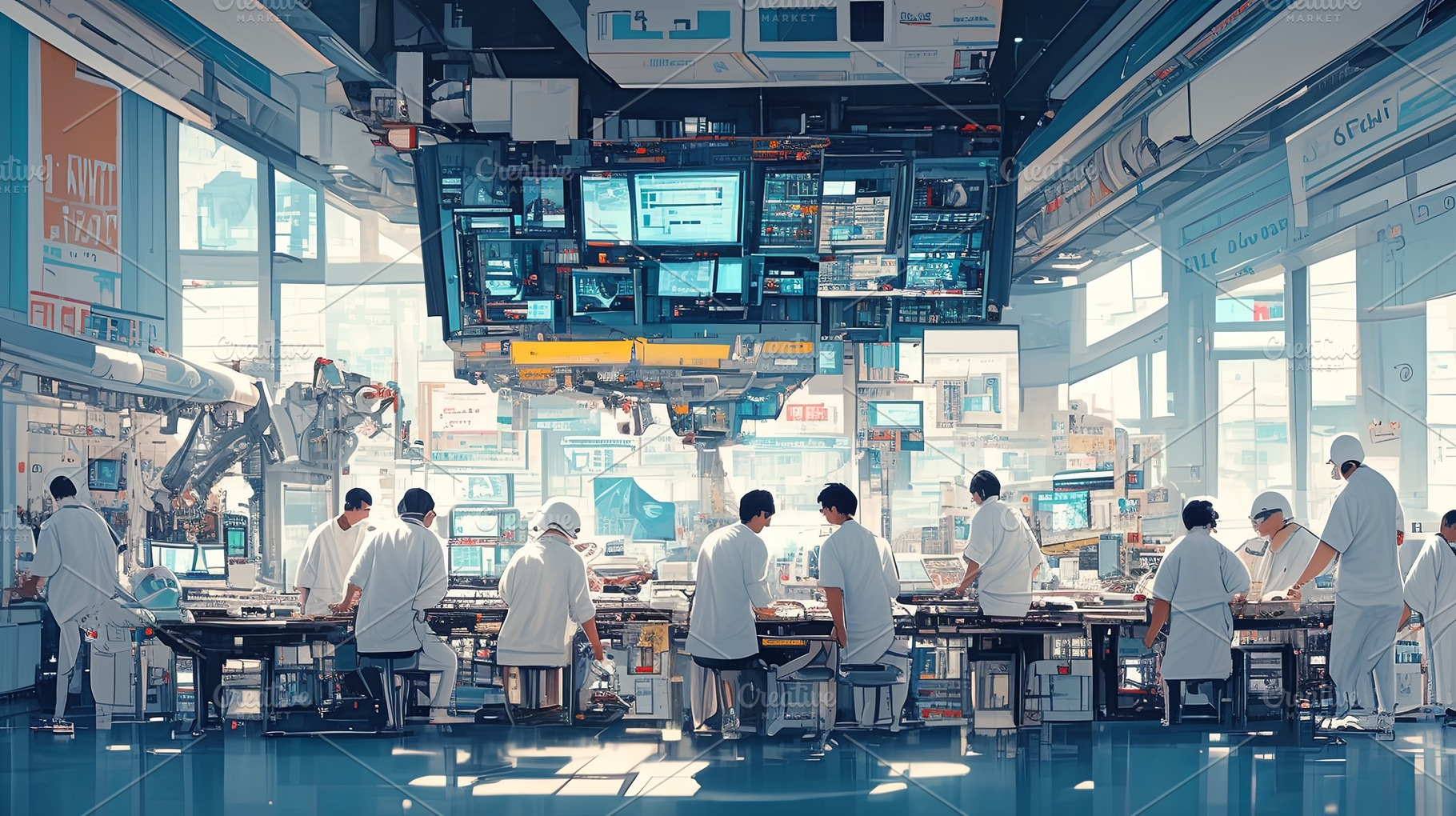 Scientist team collaborates in a futuristic laboratory with advanced scientific, a Photo by AS photostudio