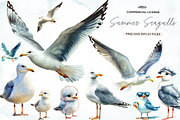 Watercolor Summer Seagulls Clipart, an Illustration by CreationArt (Thumbnail 1 of 5)