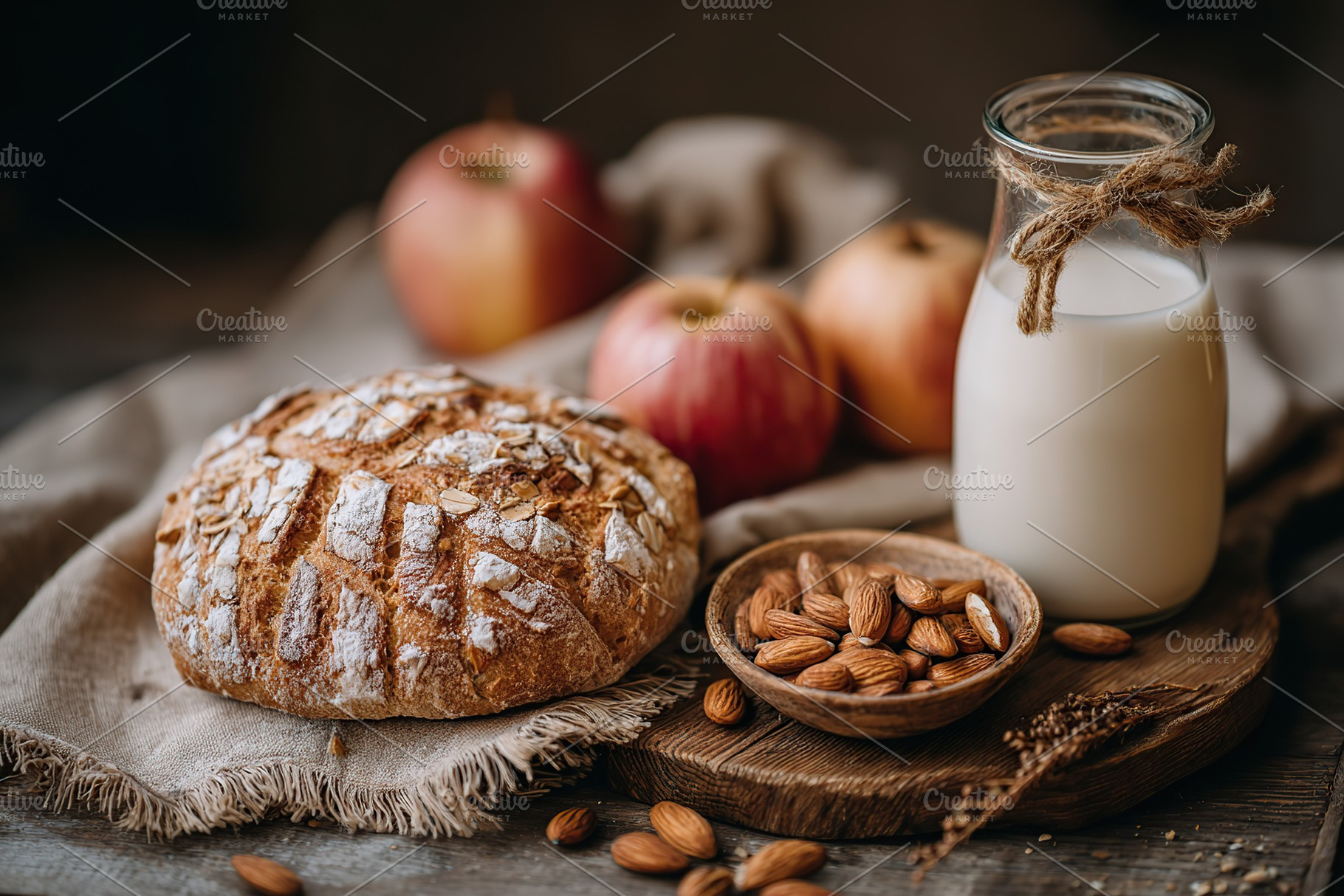 Nutritious breakfast featuring organic fruit and wholesome bread on rustic wood, a Food & Drink Photo by AlyaAnd