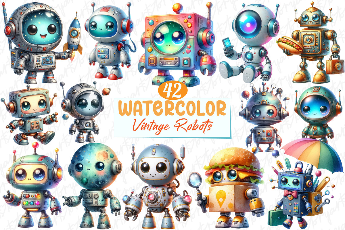 Cute Vintage Robots Clipart, a Graphic by designcity5 (Photo 1 of 5)