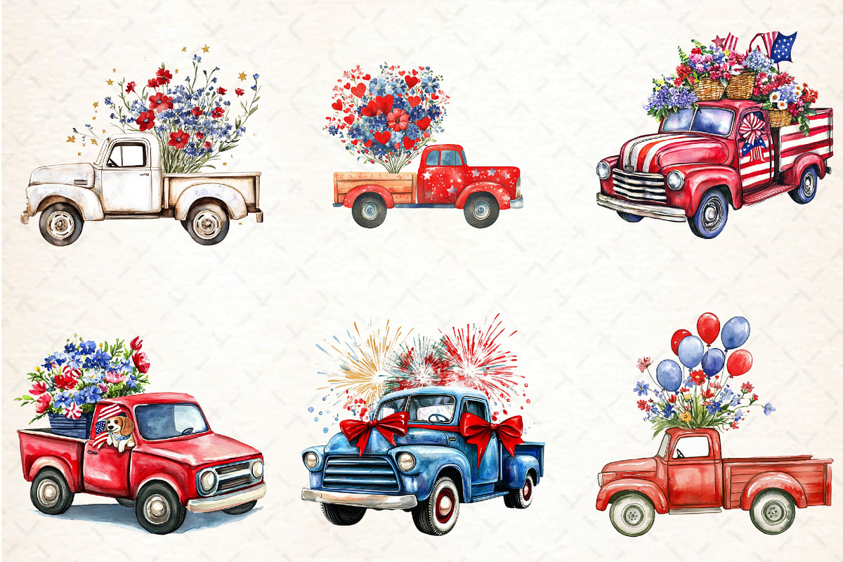 watercolor Floral Truck 4th of july, an Illustration by DreamCafeArt (Photo 3 of 5)