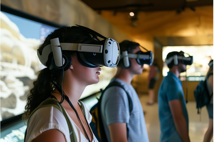 tourists wearing vr headsets at a, a Technology Photo by Sergey Kotenev