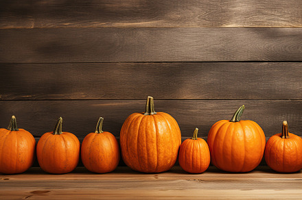 Orange pumpkins on brown wooden background, a Food & Drink Photo by AlyaAnd
