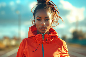 A young Black woman in an orange athletic jacket poses confident, a Sports & Recreation Photo by ImageMir