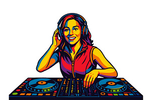 Smiling female DJ Mixing Music, a Person Illustration by AlexArt