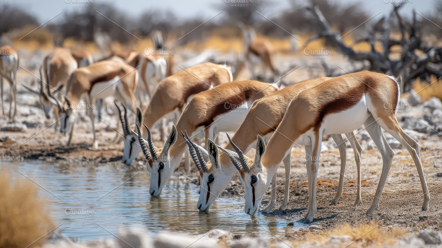 Springbok herd drinking water in Afr, a Photo by Pixeness Studio