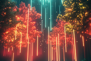 A vibrant, surreal forest scene with glowing trees in shades of red and orange,, a Photo by Textures & Backgrounds