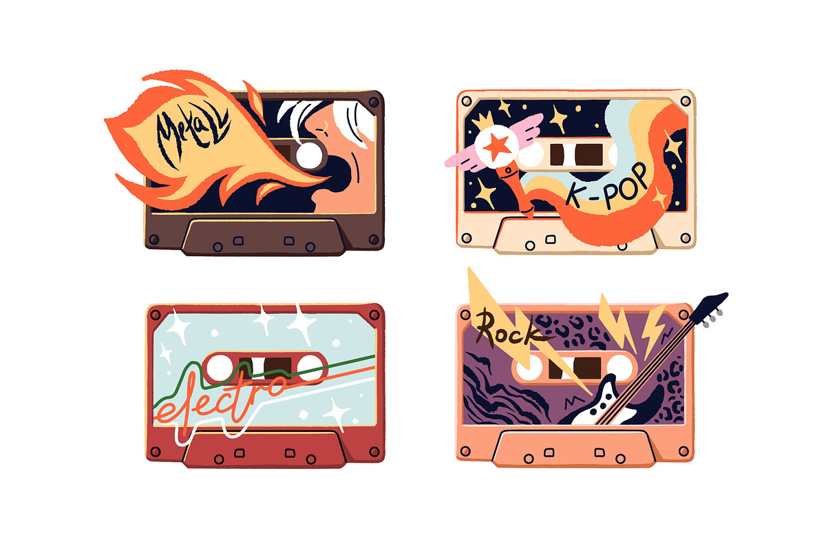 Retro audio cassettes with music set, an Object Illustration by PaperTrident (Photo 3 of 7)