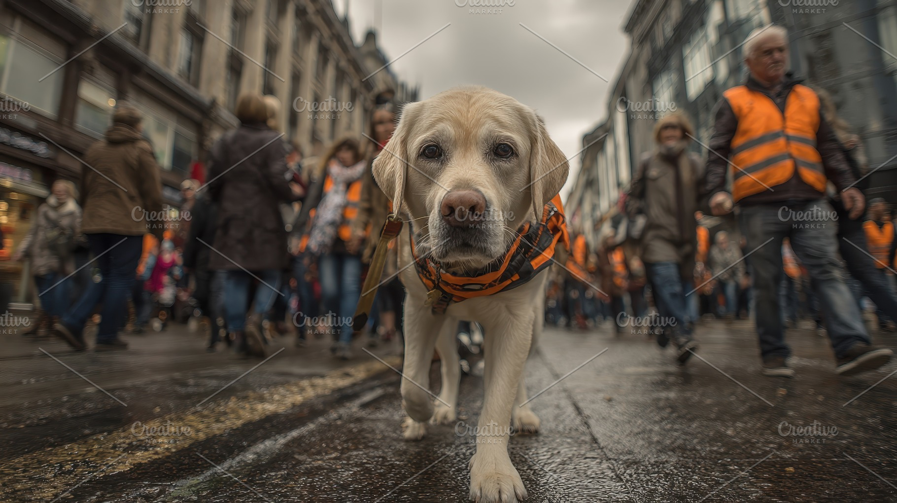 Golden Retriever Dog Walking City St, a Photo by Pixeness Studio