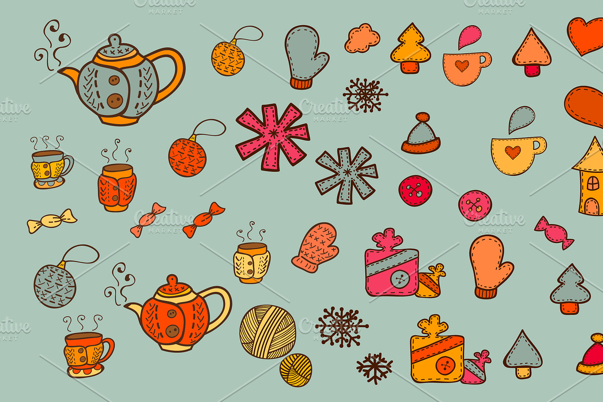 Winter cute patterns + elements. preview 2