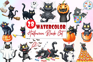 Funny Halloween Black Cat Clipart, an Illustration by Watercolor design