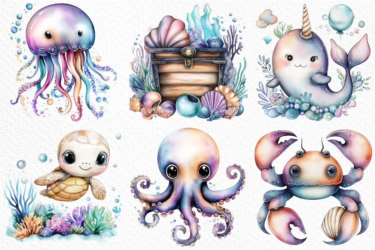 Under the Sea Watercolor Clipart PNG, an Illustration by Craft Nest (Photo 3 of 12)